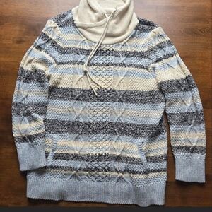 Women's Striped Cable-Knit Cowl Neck Sweater - Cream & Light Blue